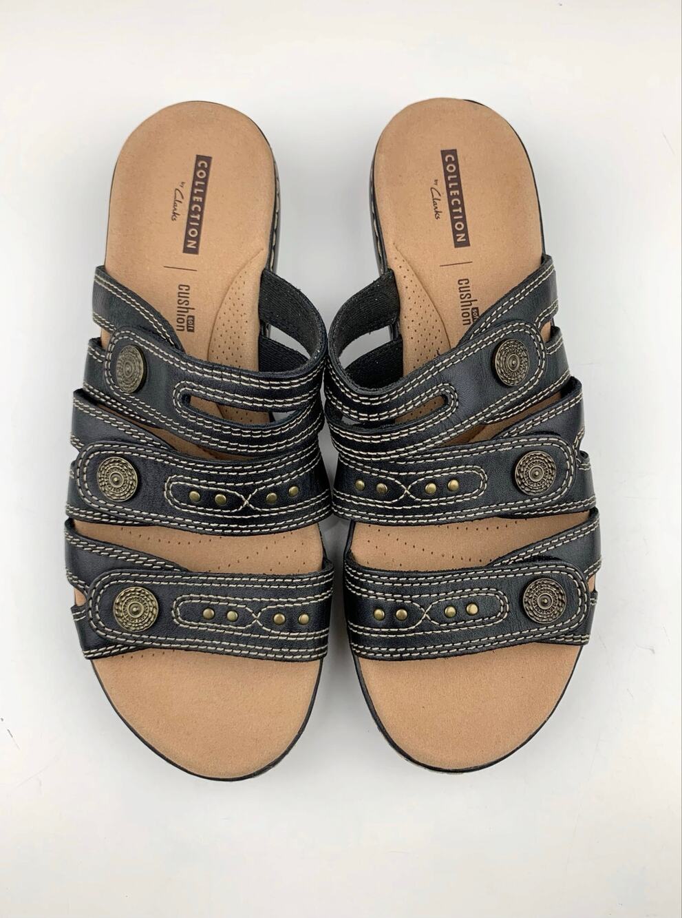 Clarks Leisa Lakia Sandals Black Leather Slides Comfort Slip On Women's 8